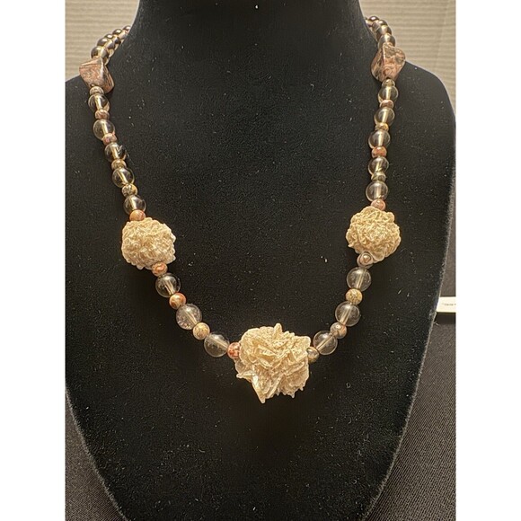 Gypsum Crystal (Desert Rose), Smoky Quartz, and Leopard Jasper Bead Necklace - Picture 1 of 11